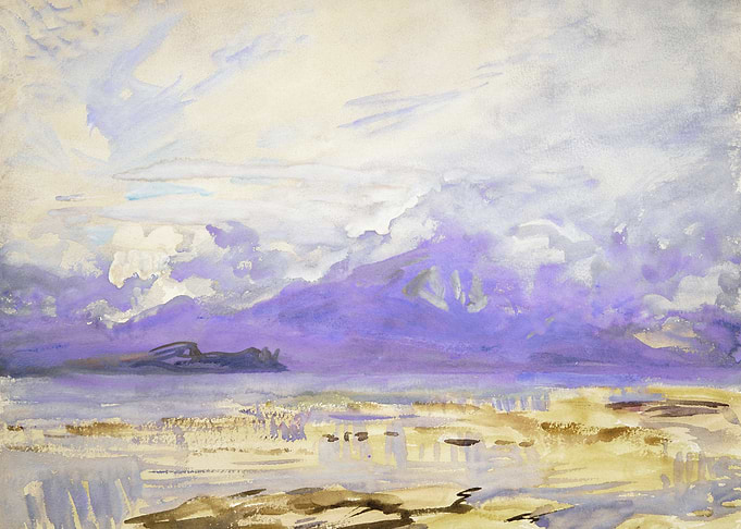 Watercolor Seascape with Island and Clouds