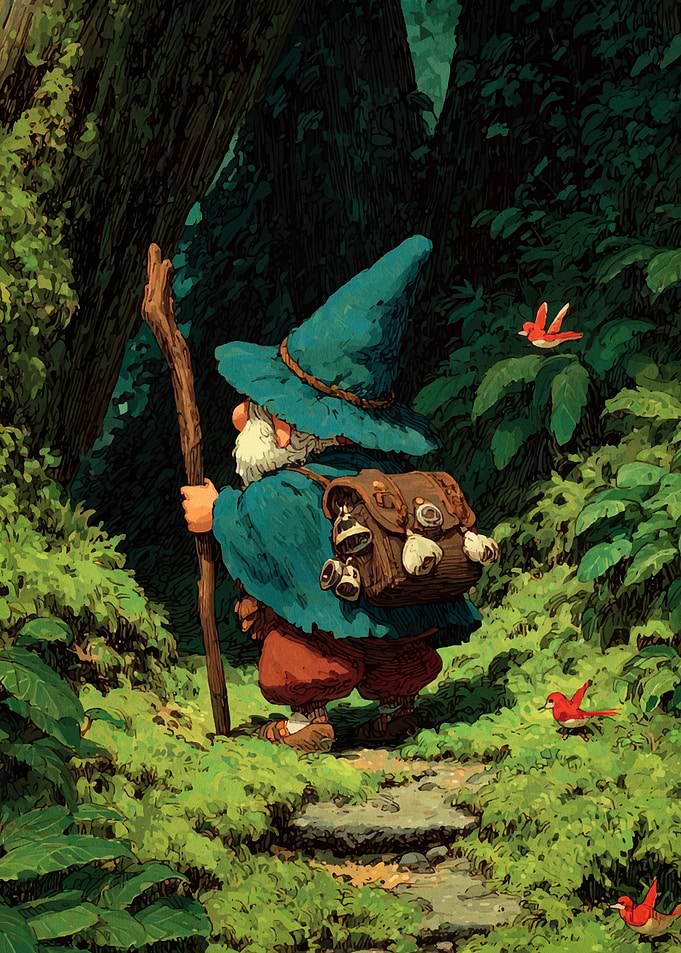 Gnome in Forest with Birds