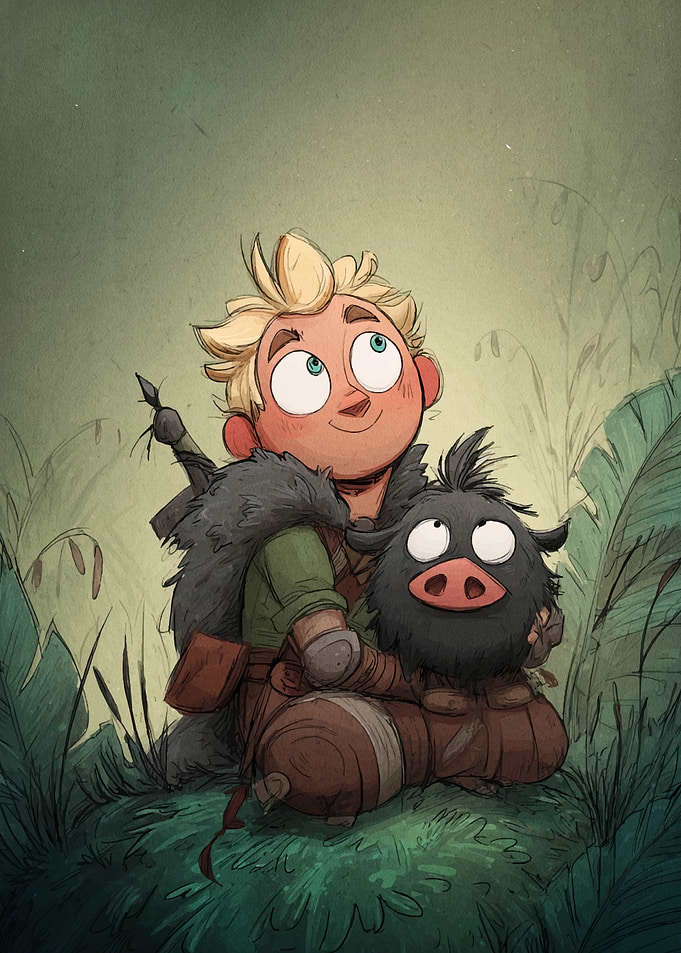 Boy and Piglet in the Forest