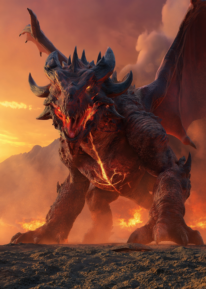 Fiery Dragon in a Volcanic Landscape