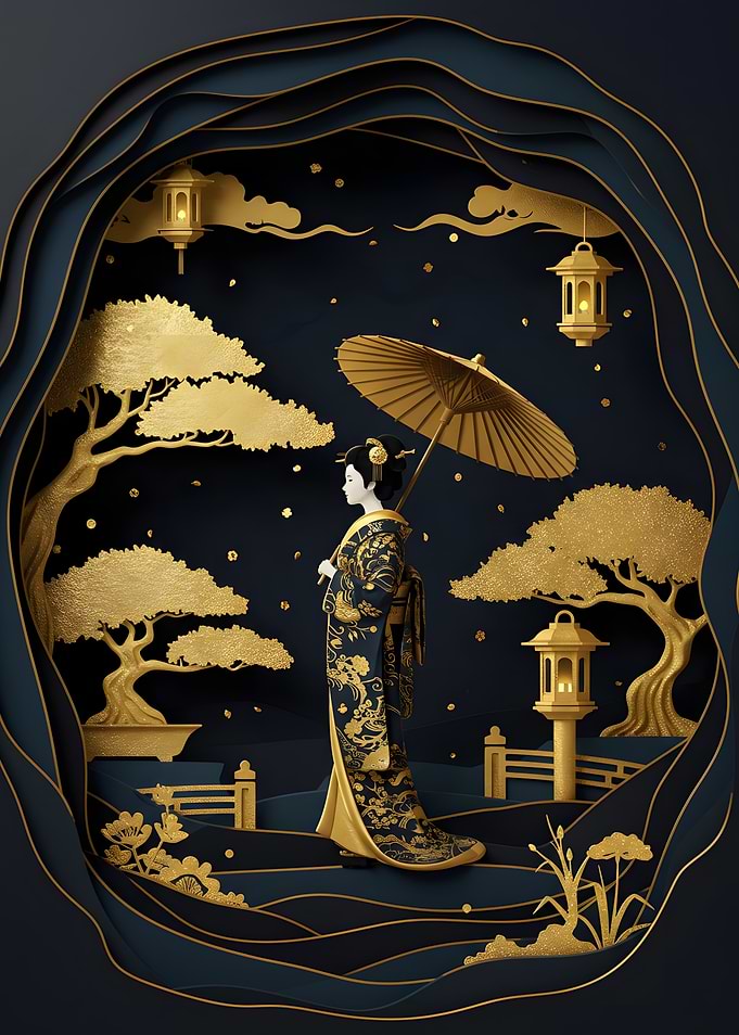 Geisha in Golden Japanese Garden