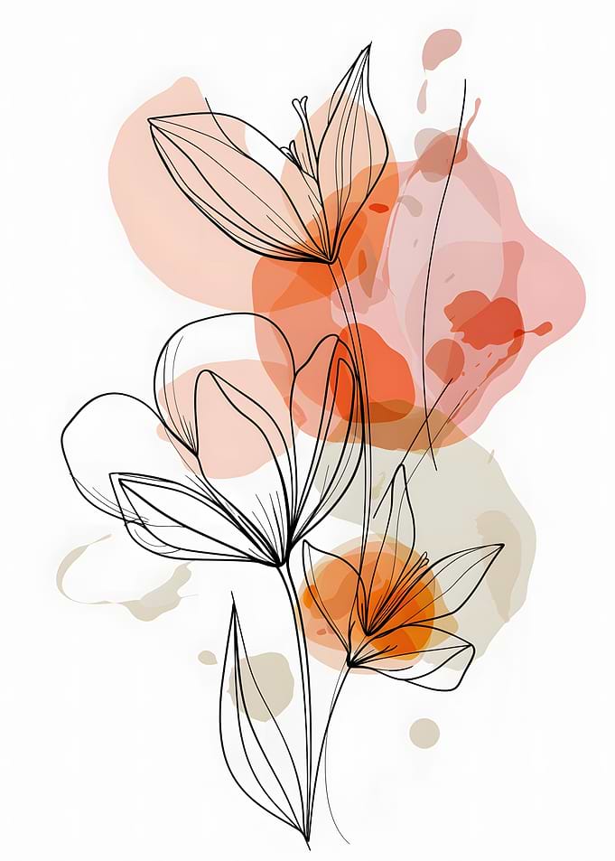 Floral Line Art with Watercolor Accents