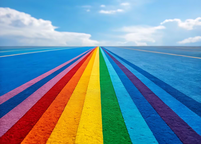 Rainbow Road Under Blue Sky