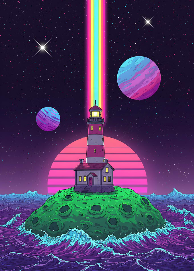 Retro Lighthouse with Rainbow Beam
