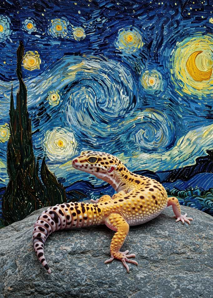 Leopard Gecko on Rock, Starry Night