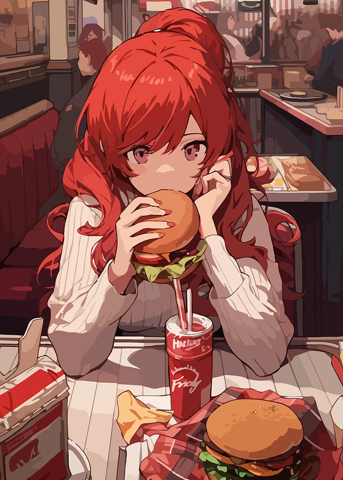 Anime Girl Eating Burger at Diner