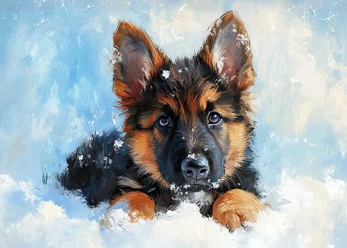 German Shepherd Puppy in Snow Painting | Winter Guardian
