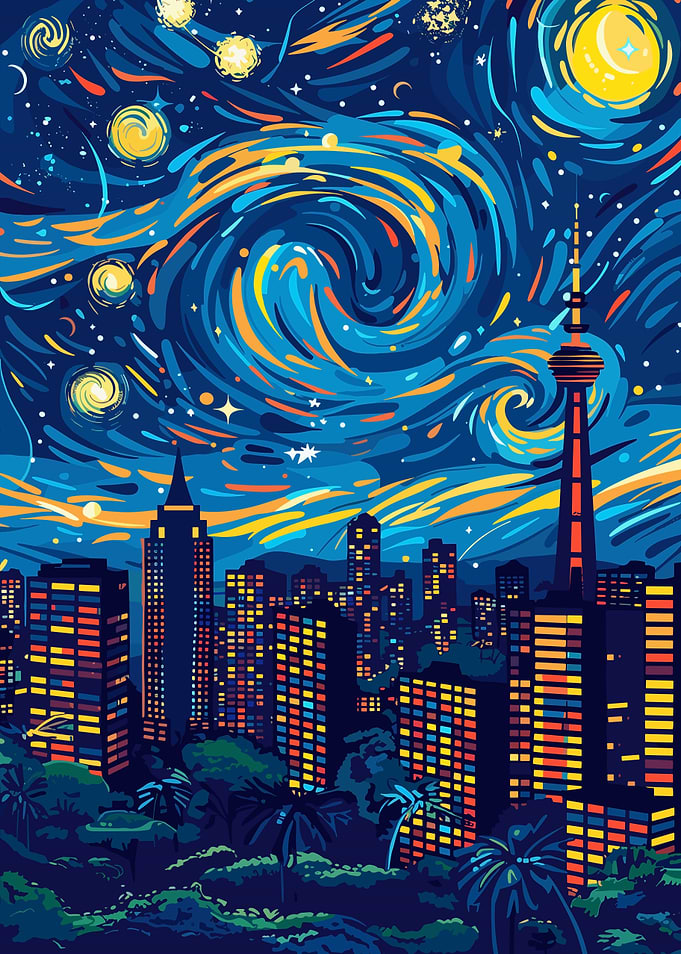 Cityscape under a swirling starry night