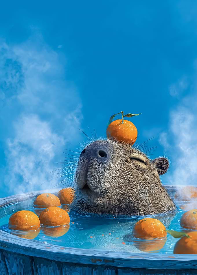 Capybara in Hot bathTub swiming with Oranges