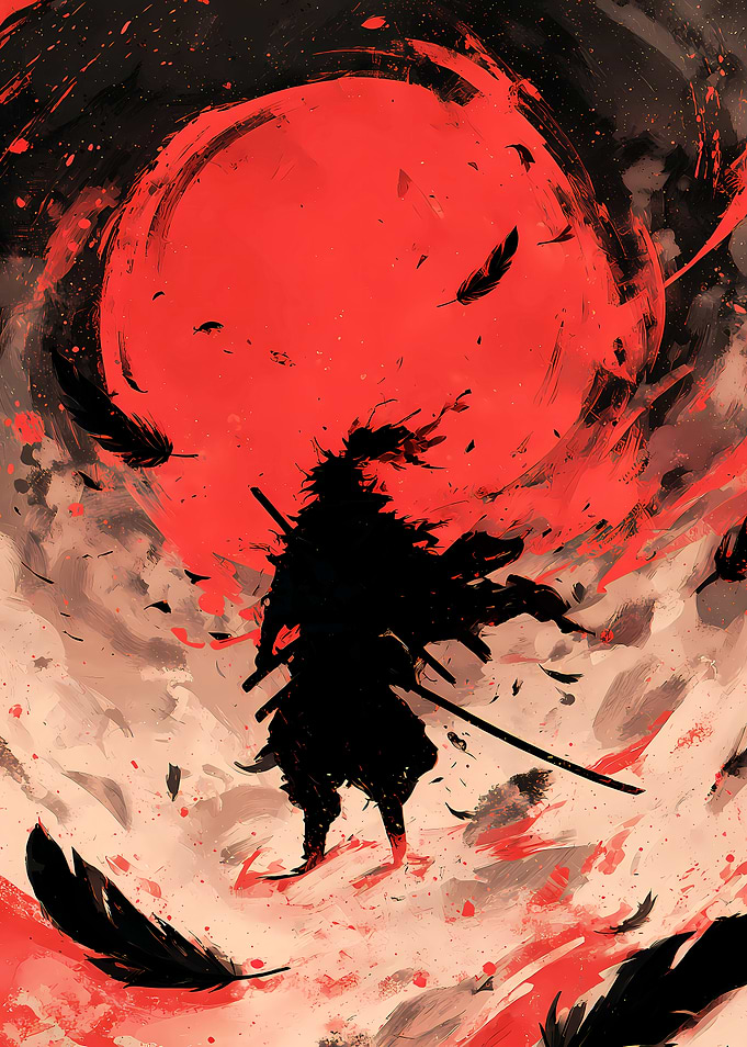 Silhouette Samurai with Red Moon