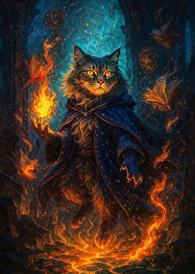 Wizard Fantasy Cat Conjuring Fire