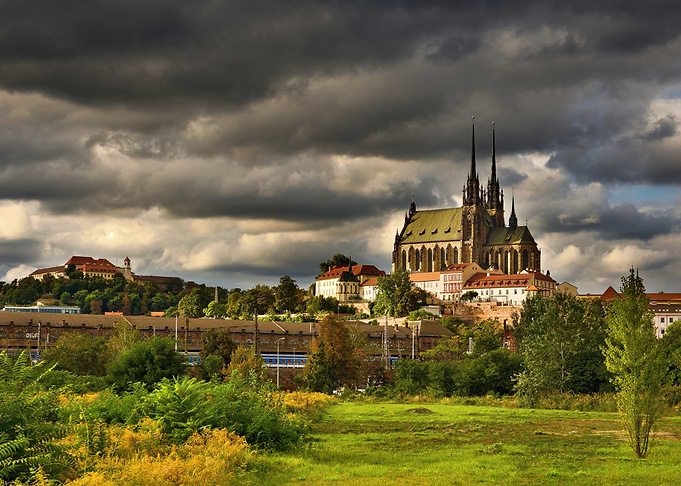 Brno Cathedral and Cityscape under Stormy Sky