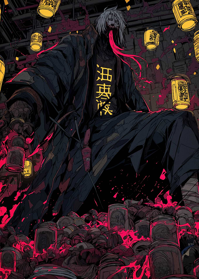 Dark Figure with Lanterns and Jars