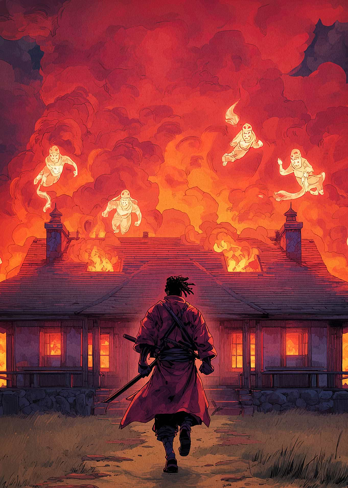Burning House with Samurai and Spirits