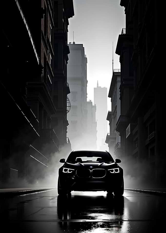 BMW in Foggy Cityscape