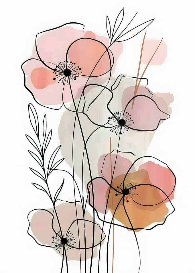 Floral Line Art with Watercolor Accents