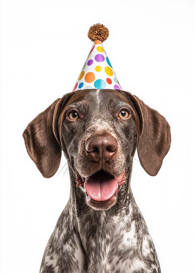 German Shorthaired Pointer Dog with Birthday Hat
