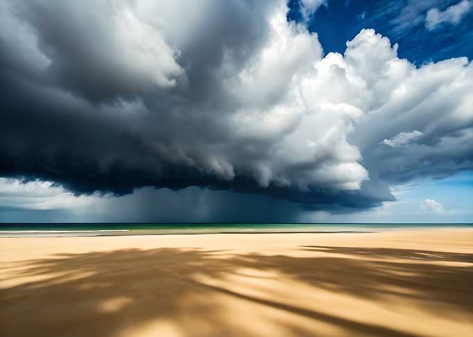 Stormy beach with dark clouds