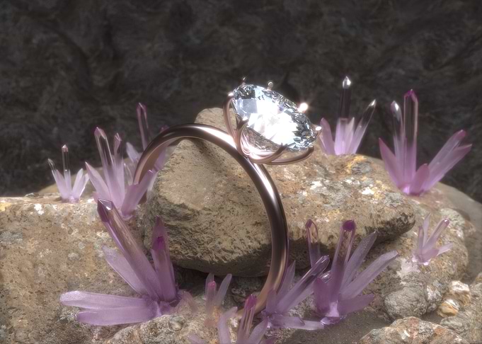 Diamond ring with crystals on rock