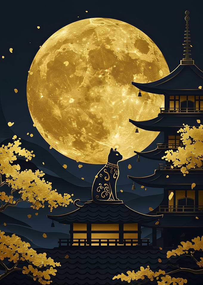 Golden Cat on Pagoda with Full Moon
