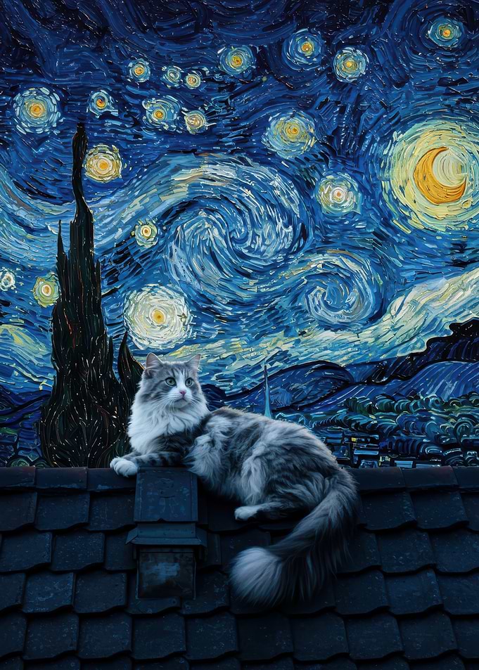 Cat on Roof, Starry Night Style