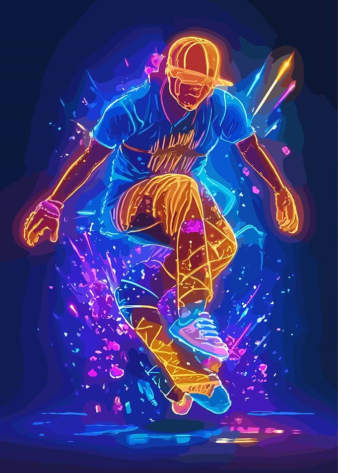 Neon Athlete in Mid-Air Jump
