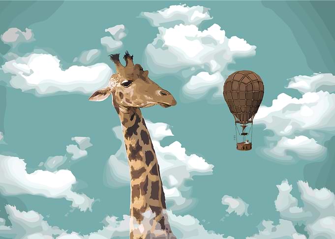 Giraffe and Hot Air Balloon in Sky