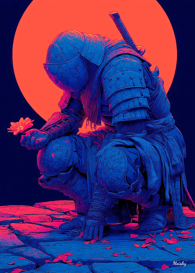 The Warrior Who Let Go – Fallen Flower Samurai Art Print