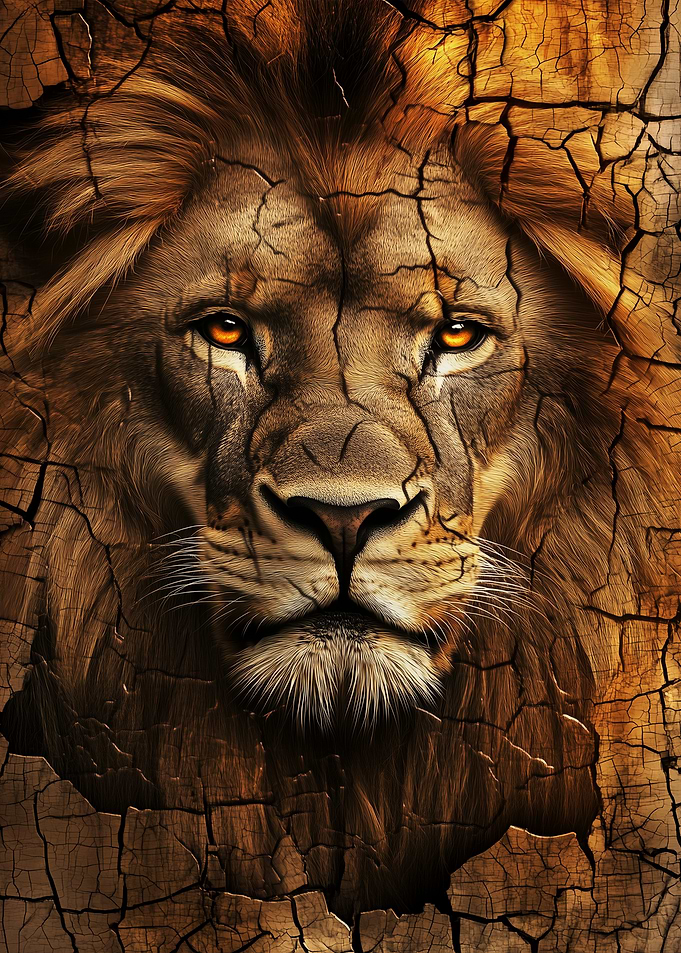 Lion portrait with cracked earth texture