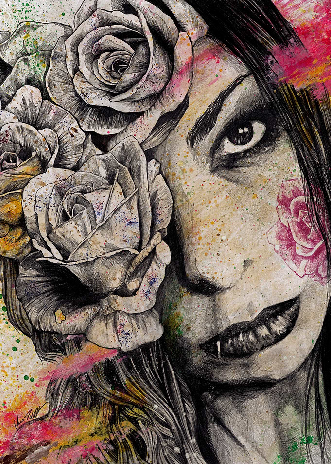 Floral Portrait with Roses and Ink Splatters
