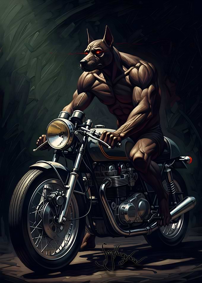 Muscular Dog-Man Riding Motorcycle