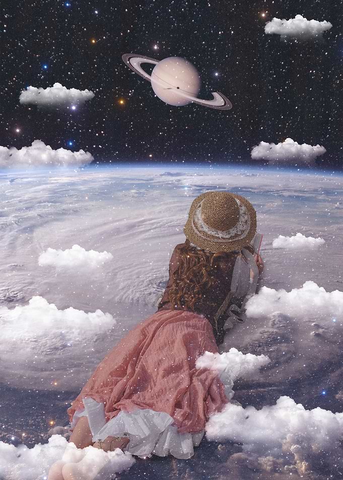 Dreamy Girl in Space with Saturn
