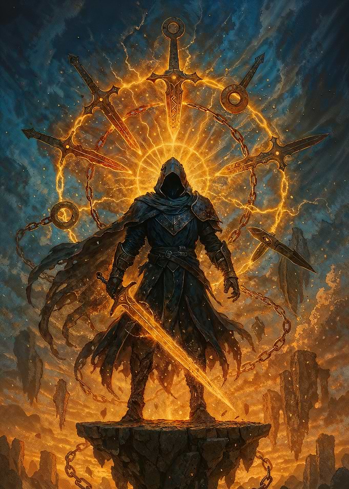 Hooded Warrior with Sword Halo and Chains