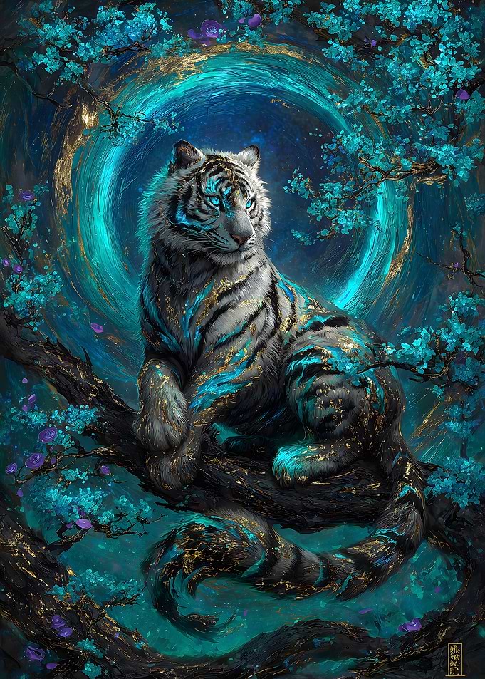 Mystical White Tiger in Teal Forest