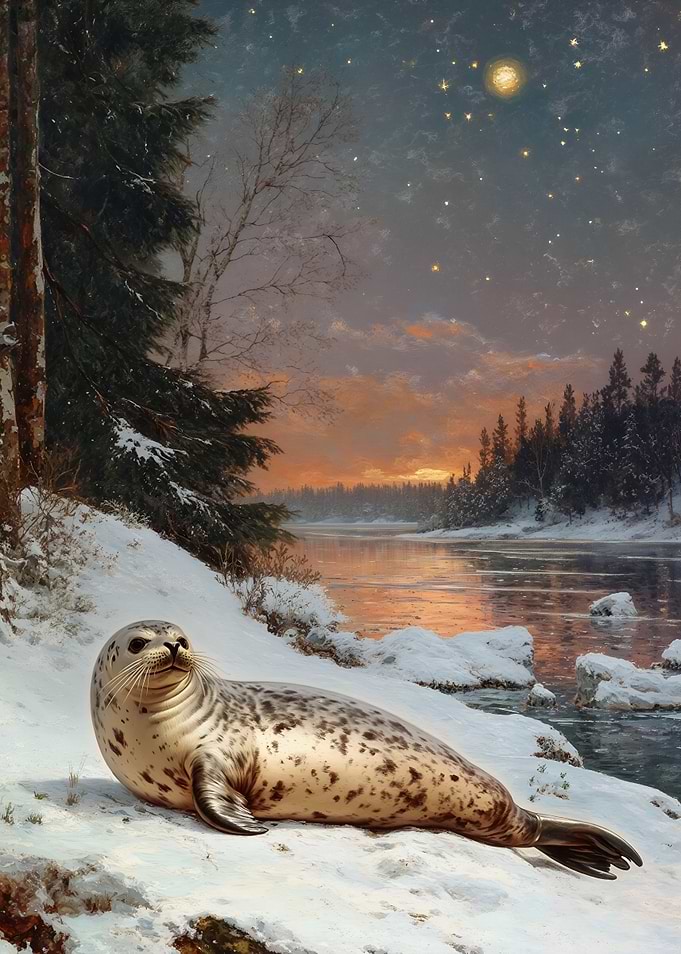 Seal in Winter Landscape Painting