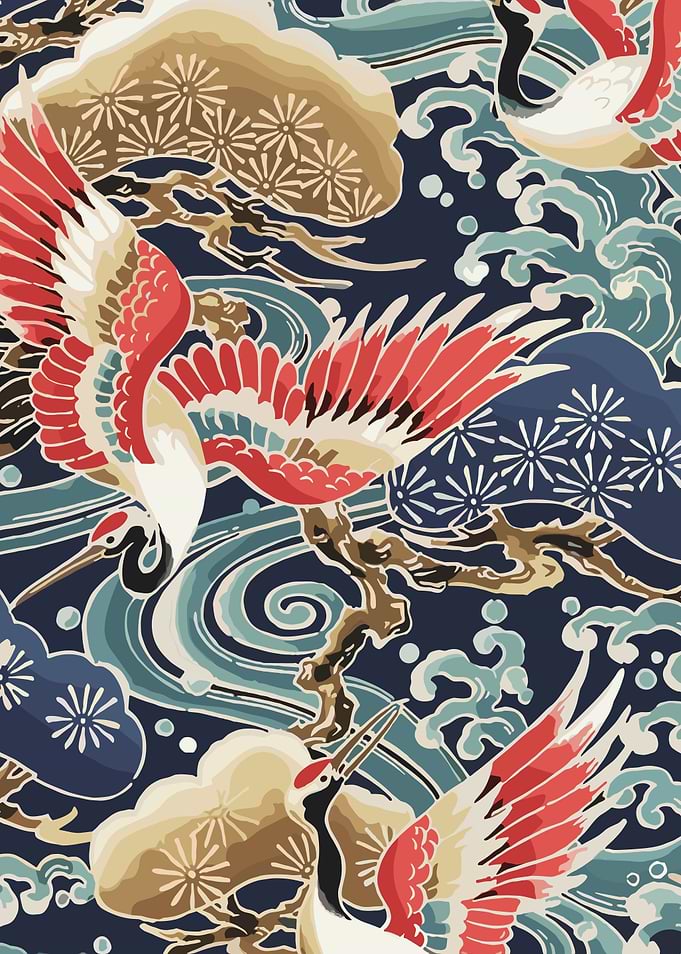 Japanese Crane and Wave Pattern