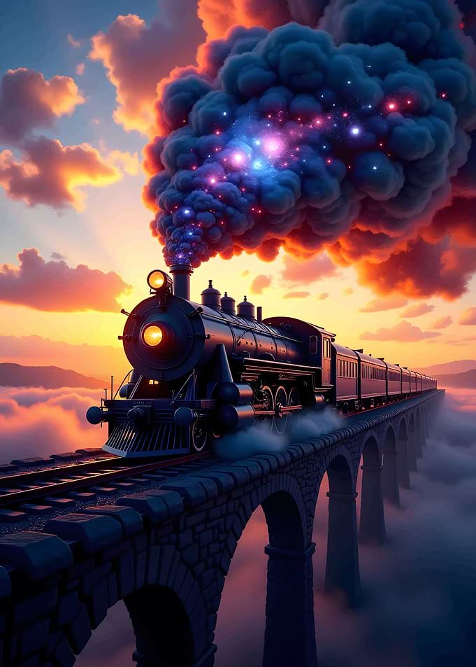 Steam Train Over Bridge at Sunset