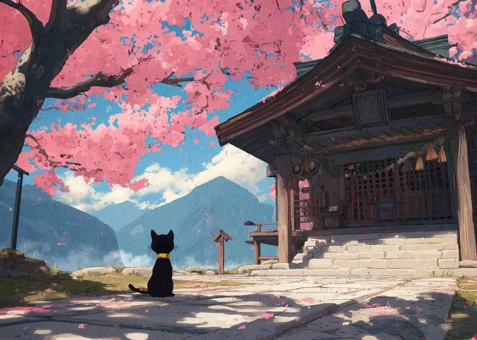 Black Cat at Japanese Shrine