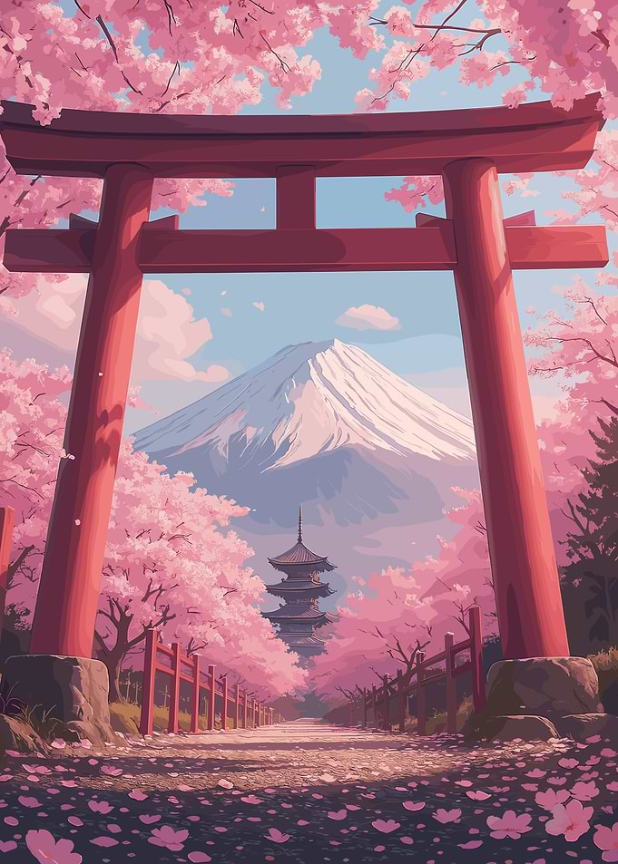 Japanese Cherry Blossoms and Mount Fuji