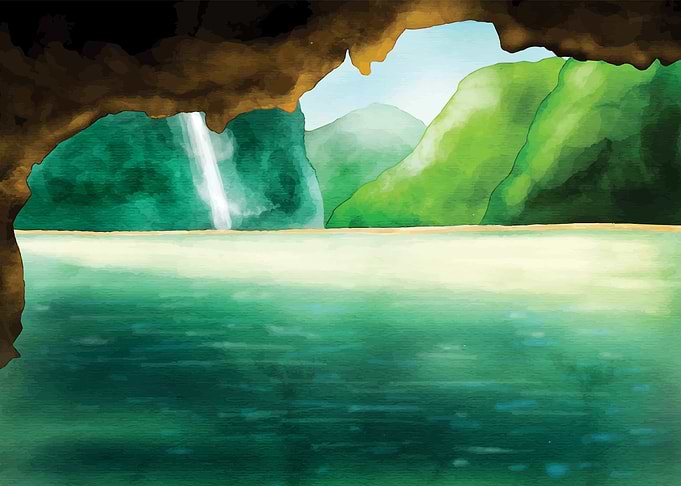 Cave view of tropical landscape painting