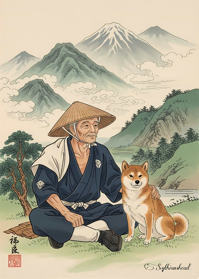 Man and Shiba Inu in Landscape