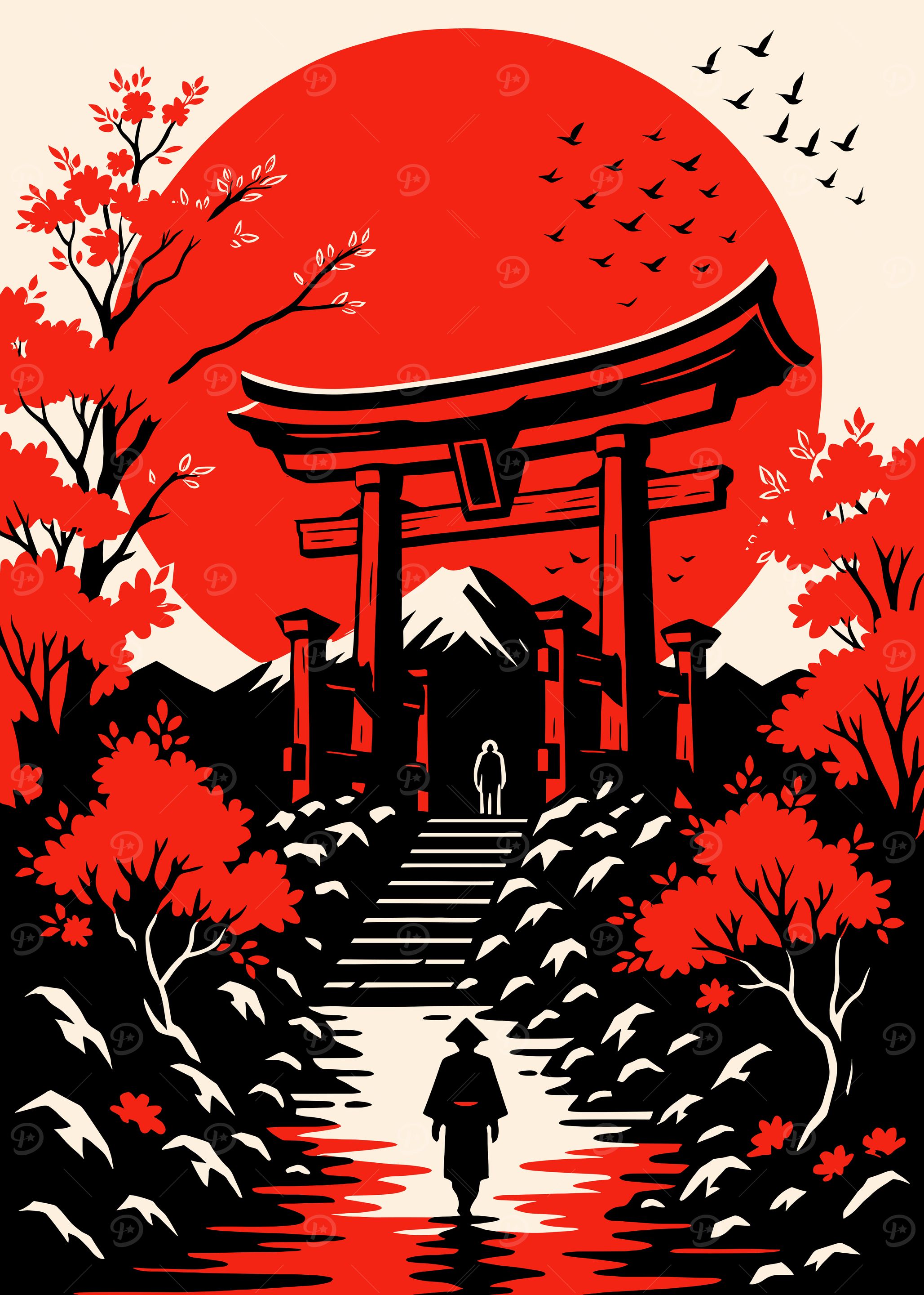 Japanese Landscape with Torii Gate