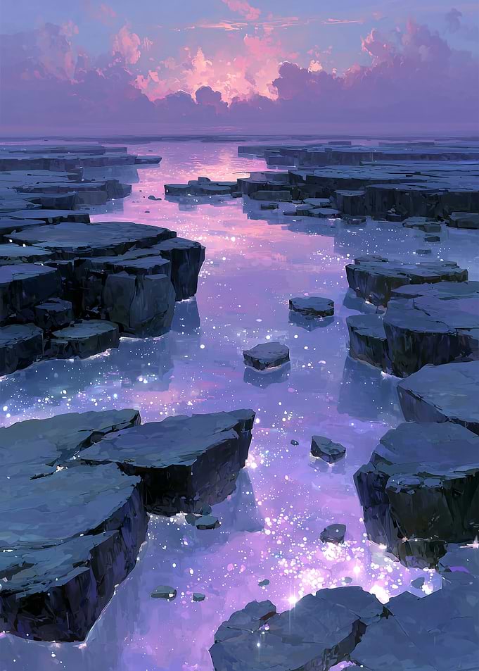 Purple Landscape with Rocks and Water