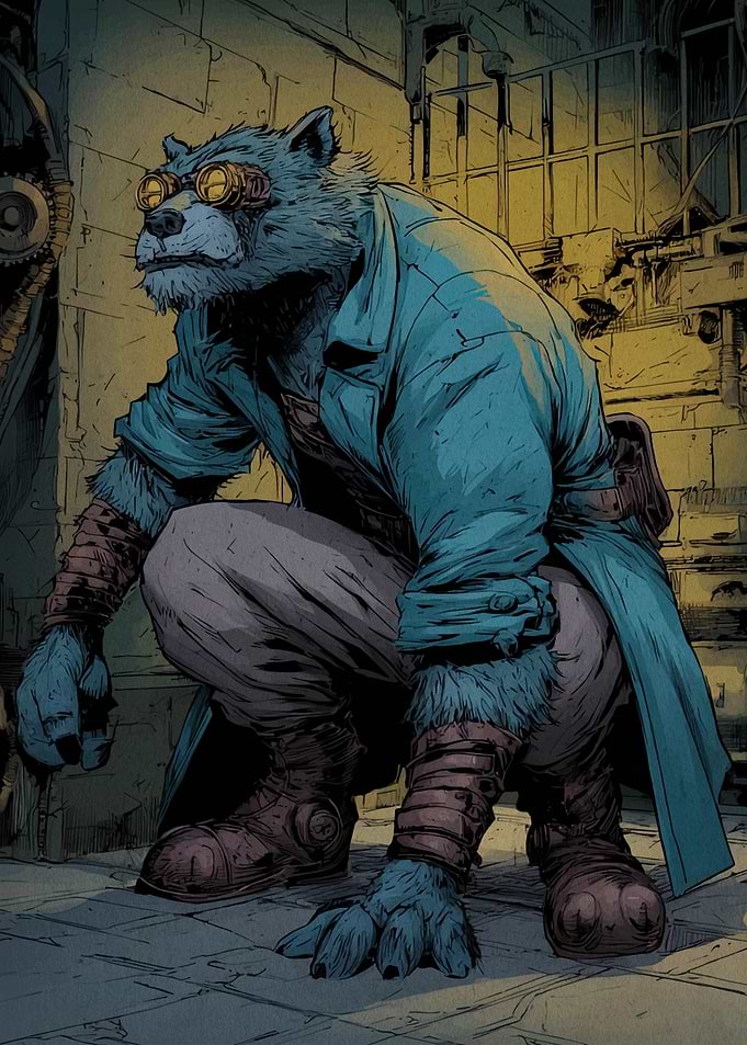 Steampunk Bear Character in Industrial Setting