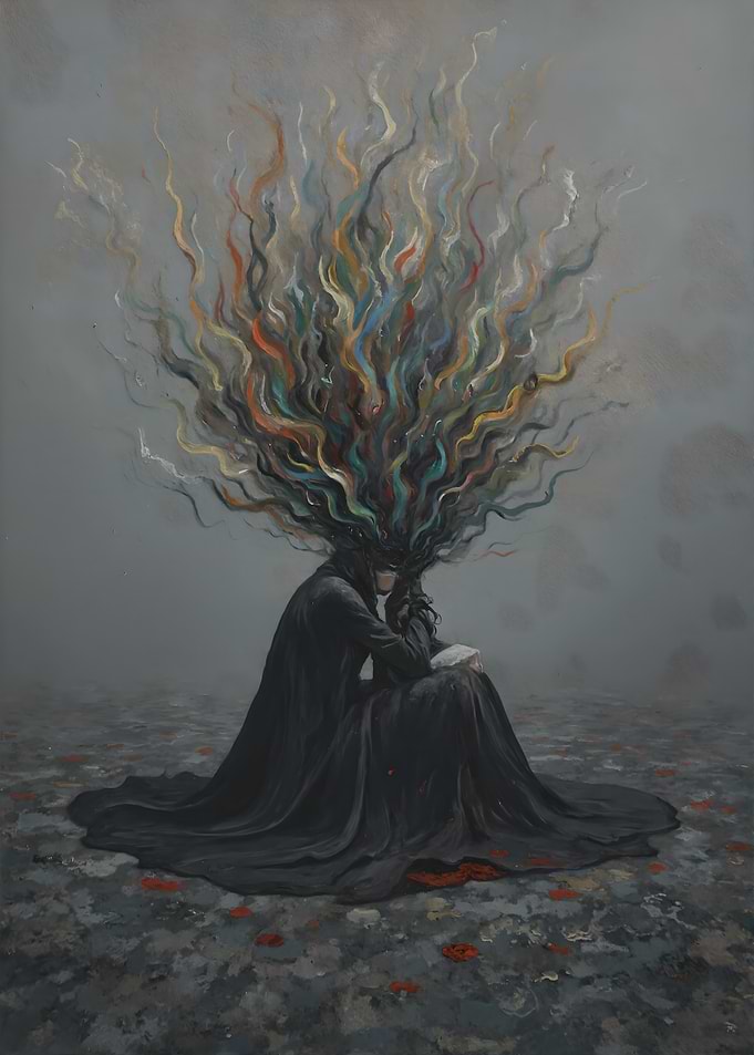 Contemplation in Black Robe with Colorful Thoughts