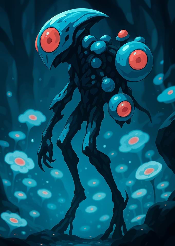 Blue Alien Creature in Floral Landscape