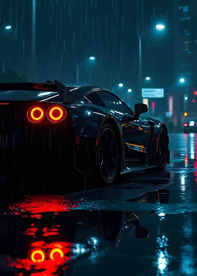 Sleek Car in Rainy Cityscape
