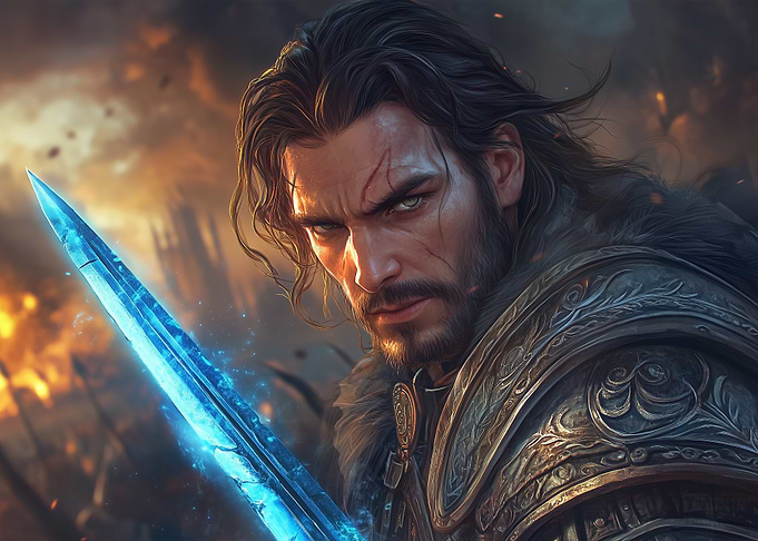 Warrior with Glowing Sword in Battle
