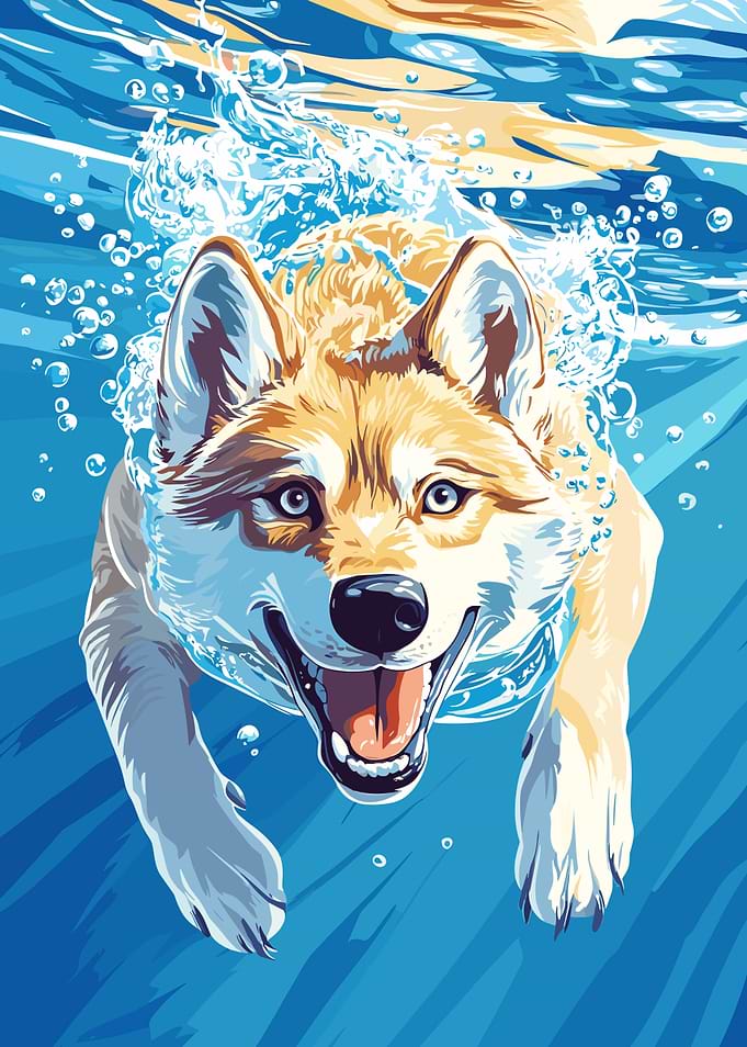 Dog swimming underwater illustration