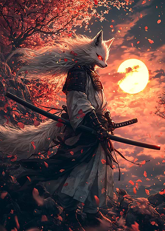Fox Samurai Warrior in Cherry Blossom